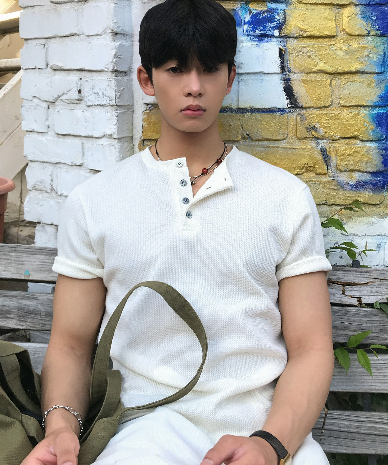 Waffle Henley Neck Semi-Crop T-Shirt [Ivory]