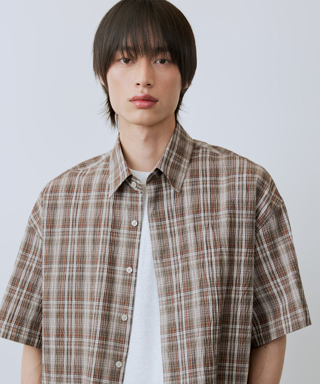 Wrinkle Seersucker Check Short Sleeve Shirt [Khaki]