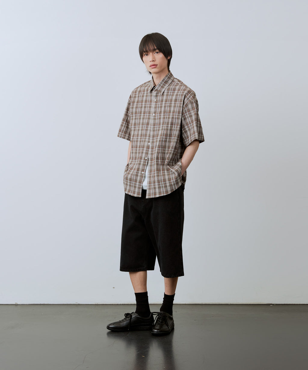 Wrinkle Seersucker Check Short Sleeve Shirt [Khaki]