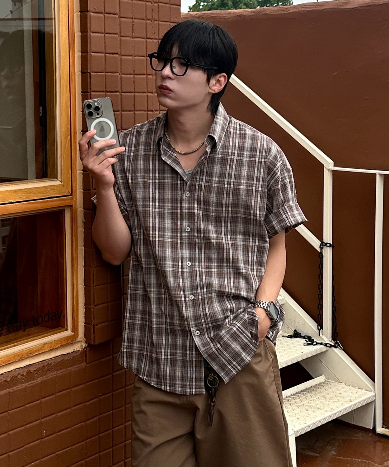 Wrinkle Seersucker Check Short Sleeve Shirt [Khaki]