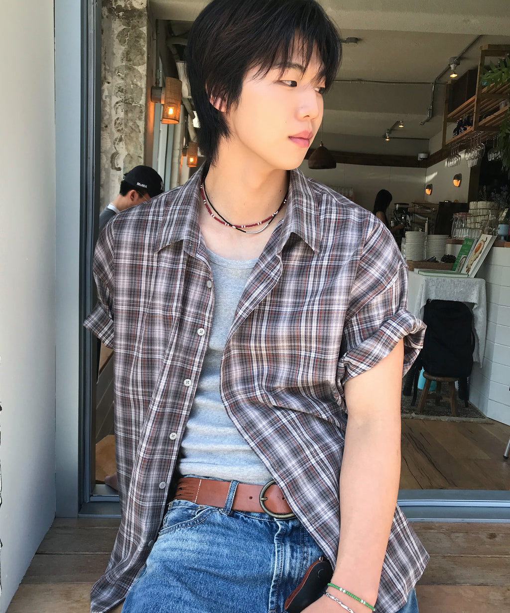 Wrinkle Seersucker Check Short Sleeve Shirt [Khaki]
