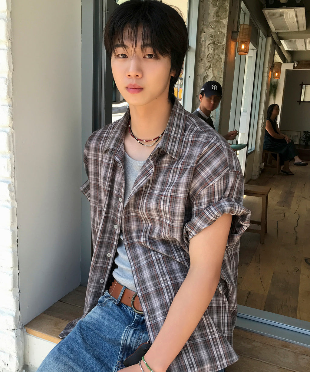 Wrinkle Seersucker Check Short Sleeve Shirt [Khaki]