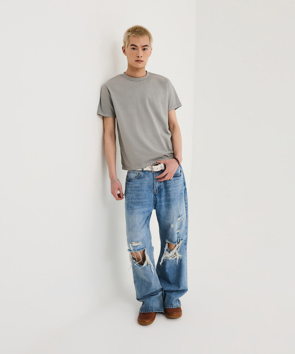 Distressed Flared Denim Pants [Light Blue]
