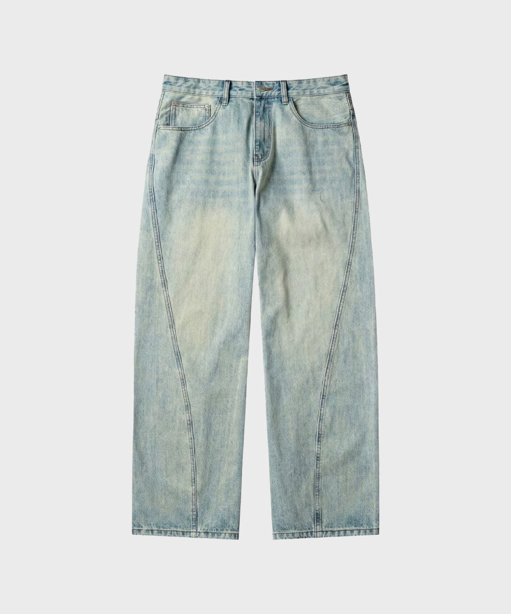 Diagonal Curved Denim Pants [Light Blue]