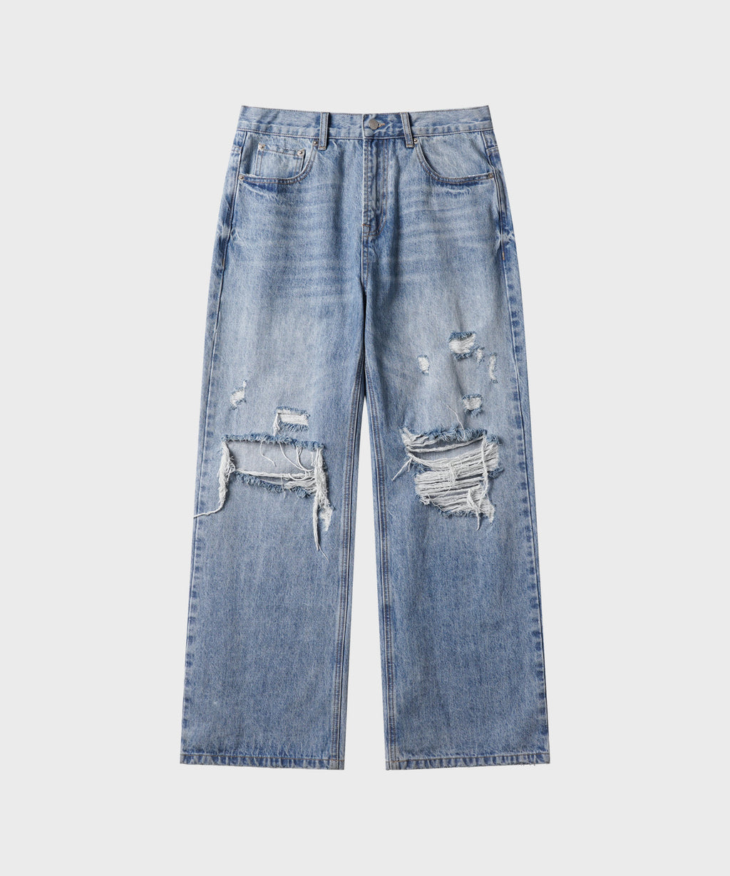 Distressed Flared Denim Pants [Light Blue]