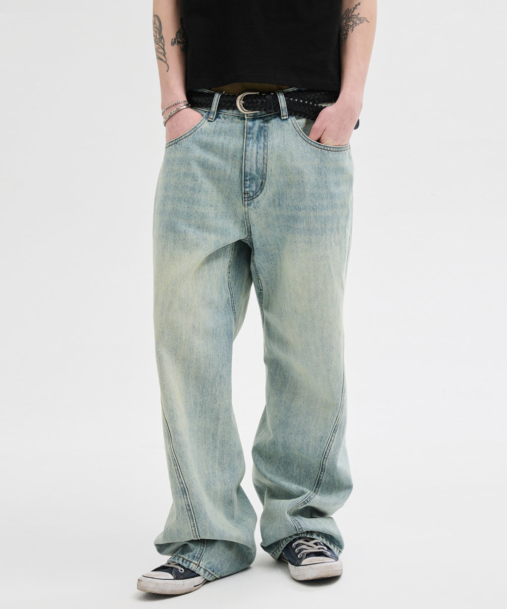 Diagonal Curved Denim Pants [Light Blue]