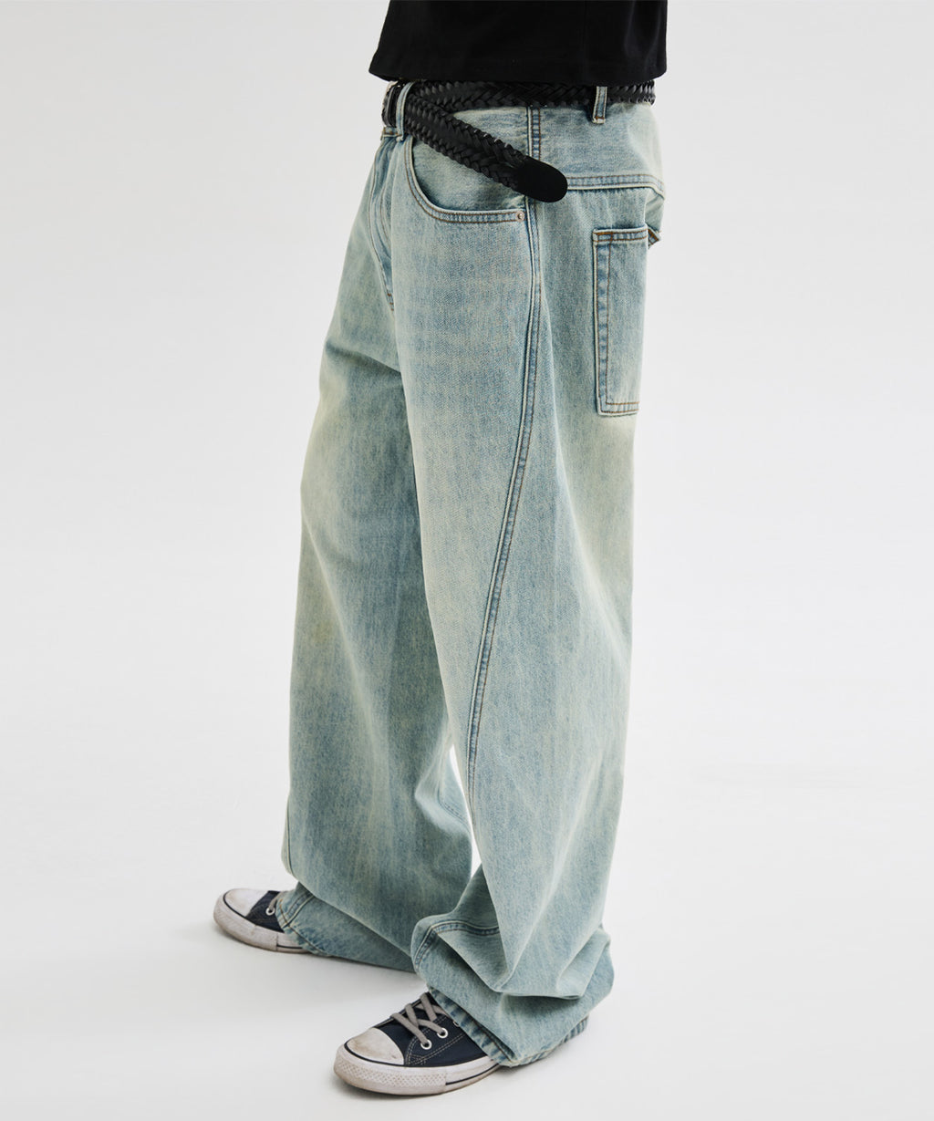 Diagonal Curved Denim Pants [Light Blue]