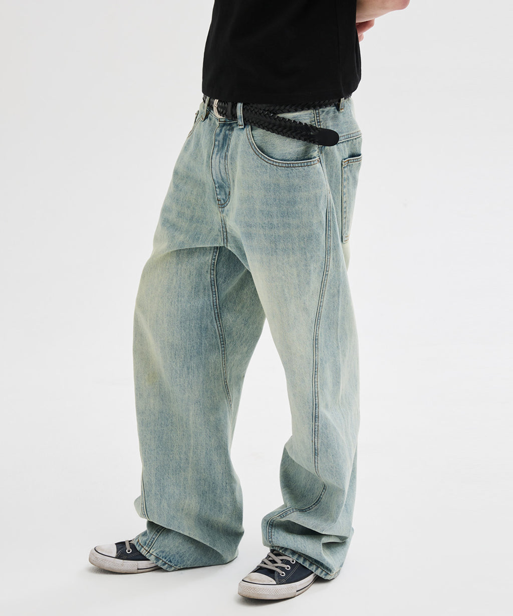Diagonal Curved Denim Pants [Light Blue]