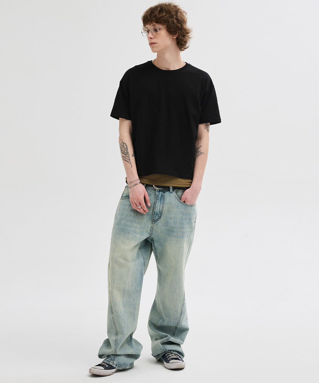 Diagonal Curved Denim Pants [Light Blue]