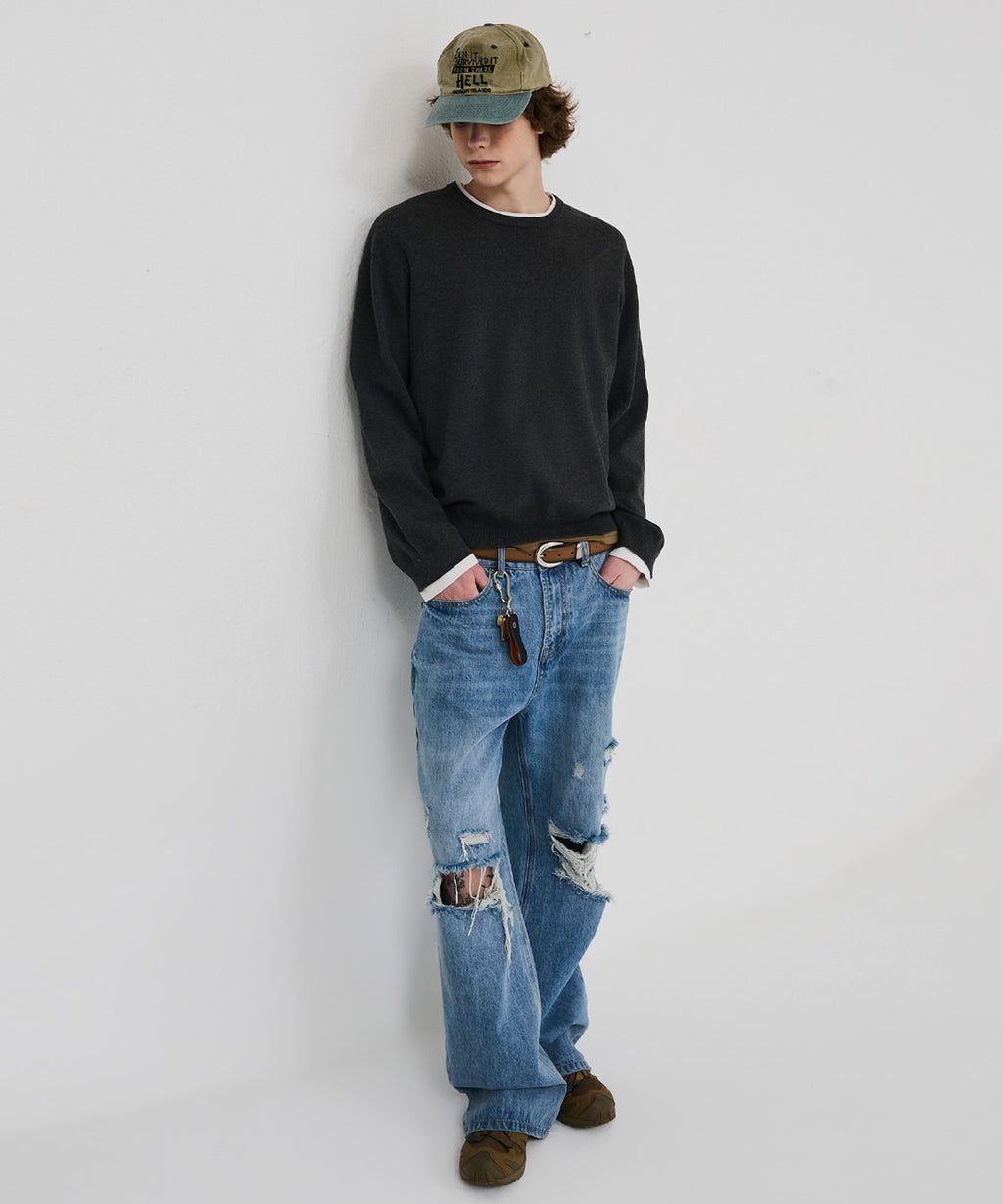 Distressed Flared Denim Pants [Light Blue]