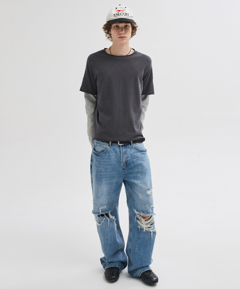Distressed Flared Denim Pants [Light Blue]