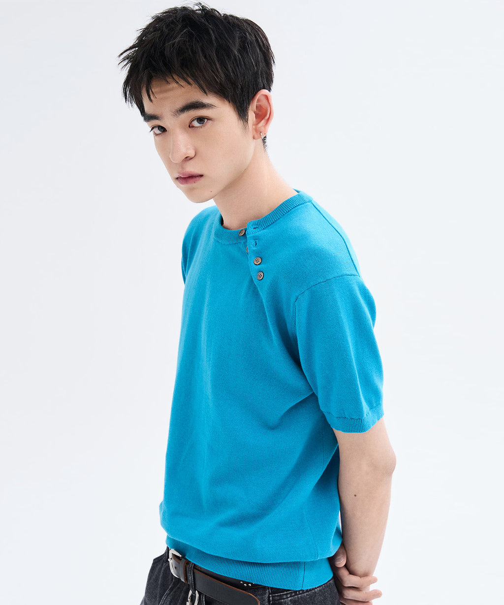 Diagonal Henley Neck Short Sleeve Knit [Mint]
