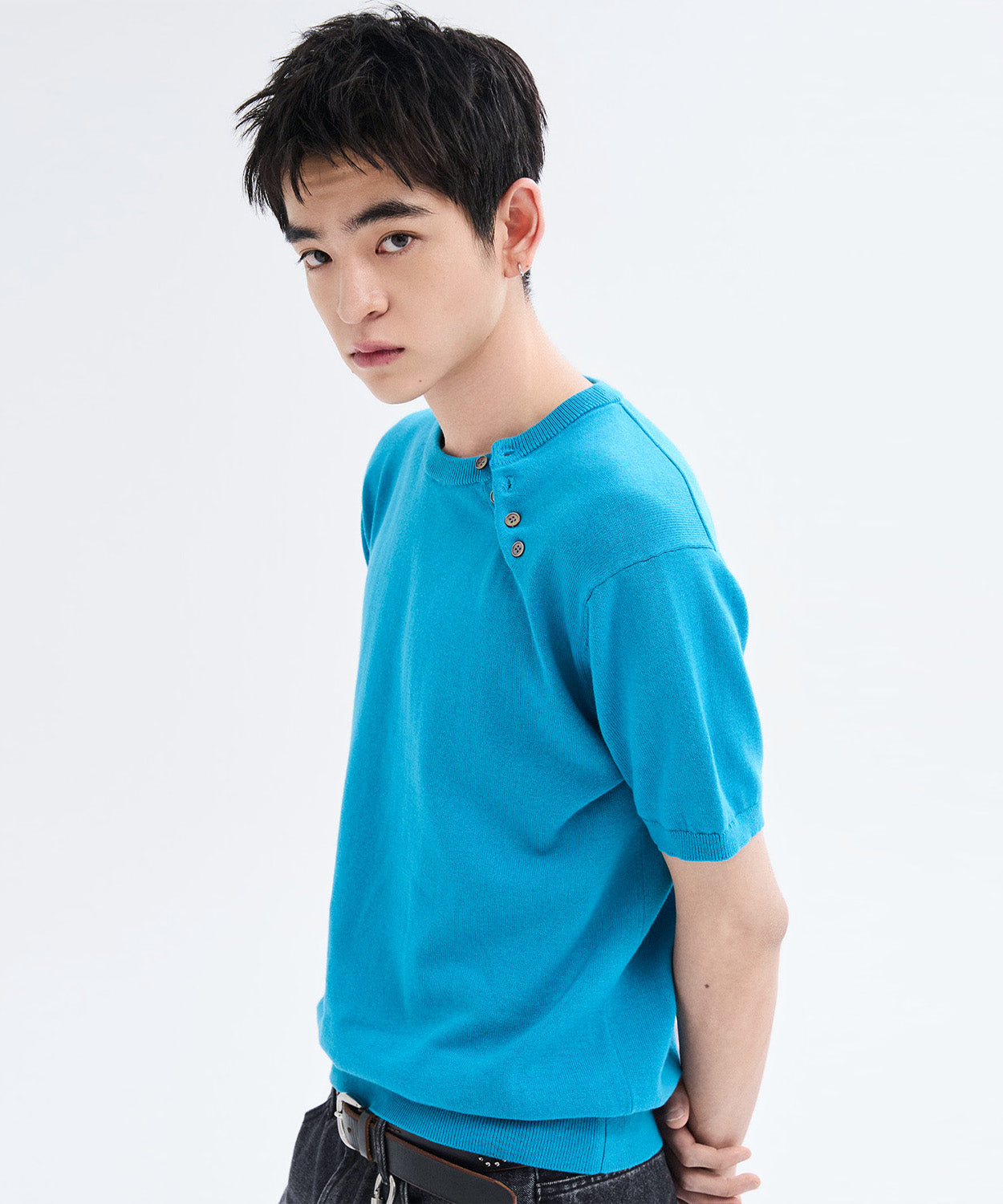 Diagonal Henley Neck Short Sleeve Knit [Mint]