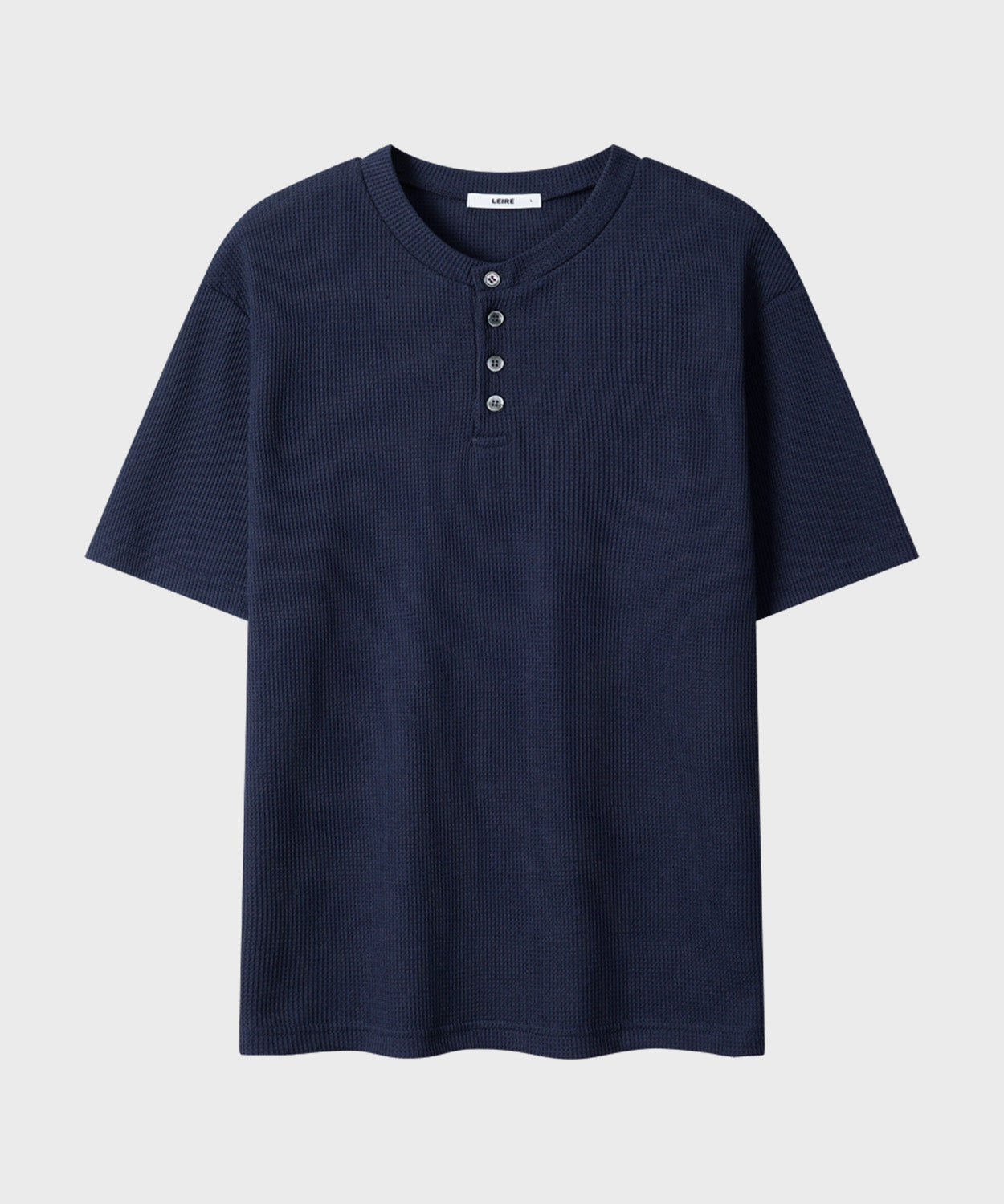 Waffle Henley Neck Semi-Crop T-Shirt [Navy]