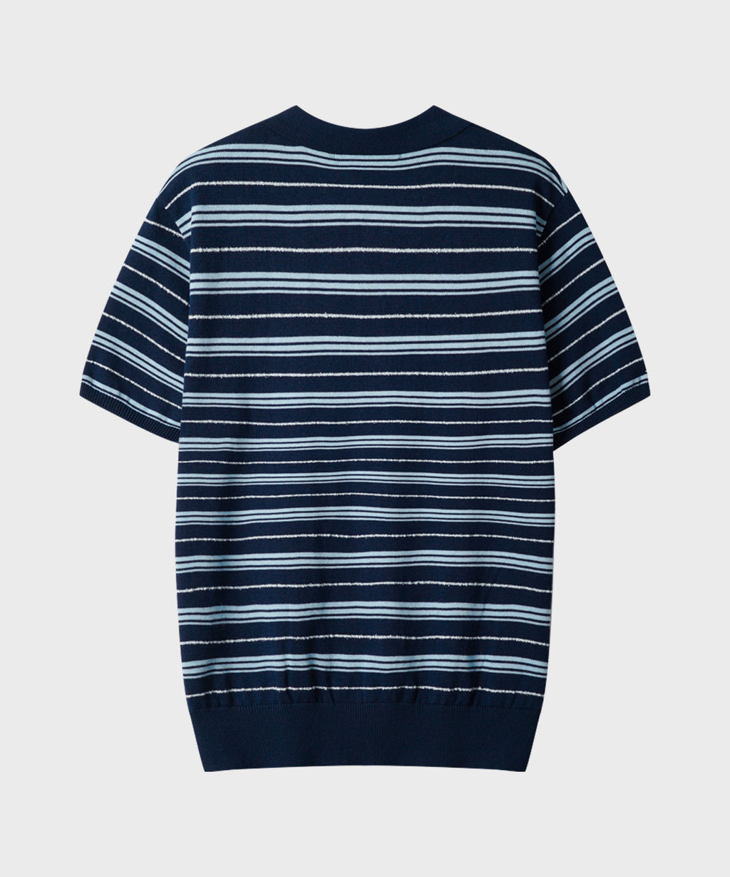 Stripe Collar Short Sleeve Crop Knit [Navy]