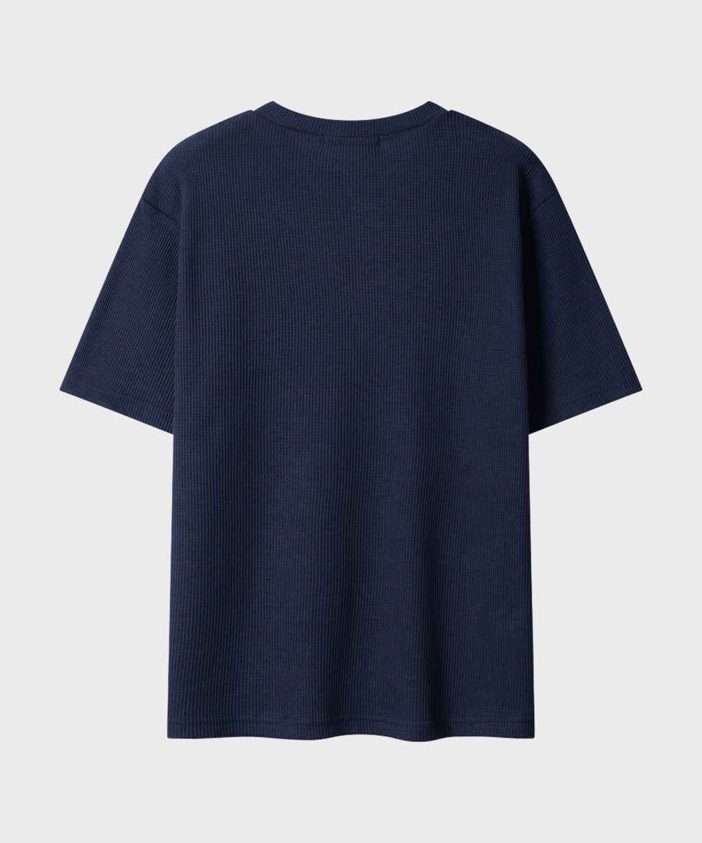 Waffle Henley Neck Semi-Crop T-Shirt [Navy]