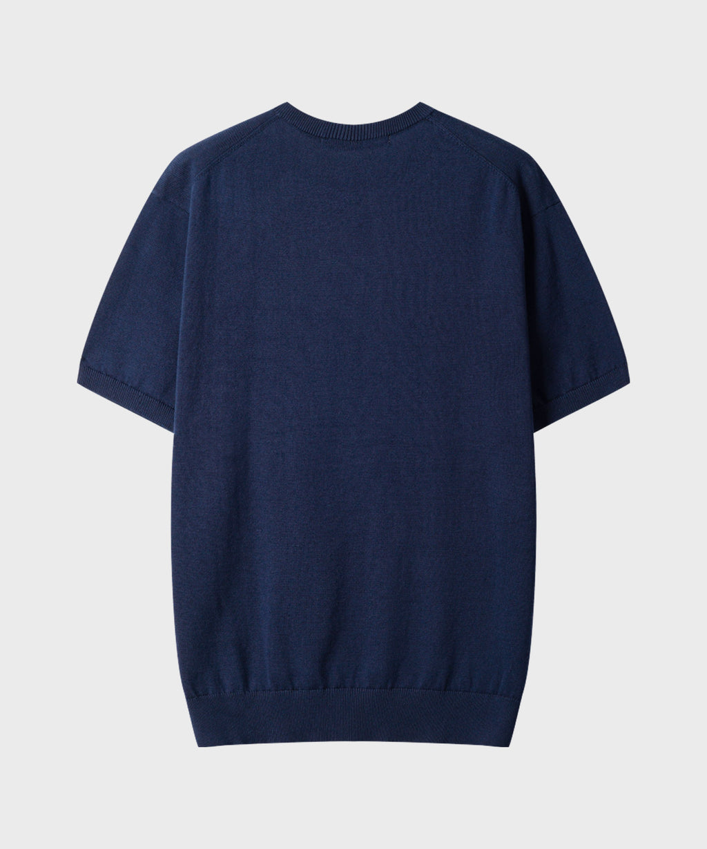Diagonal Henley Neck Short Sleeve Knit [Navy]