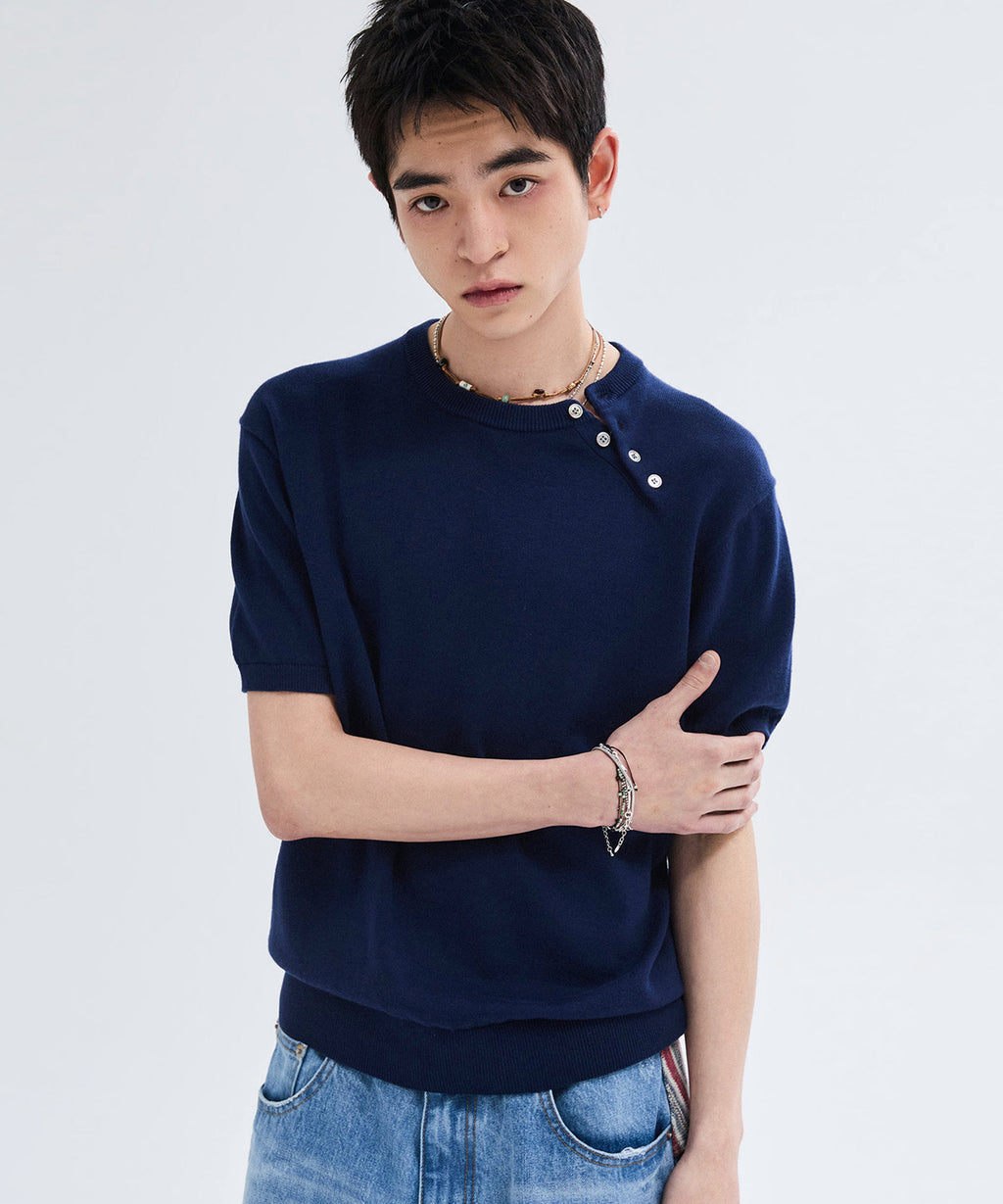 Diagonal Henley Neck Short Sleeve Knit [Navy]