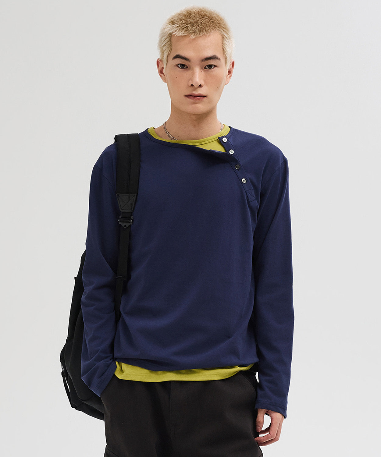 Diagonal Henley Neck Long Sleeve T-Shirt [Navy]