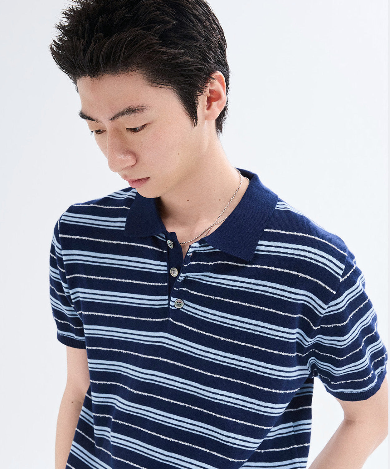 Stripe Collar Short Sleeve Crop Knit [Navy]