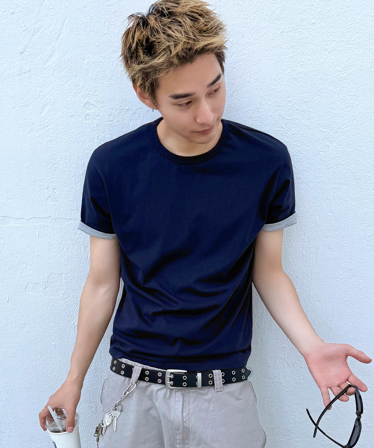 Color Layered Roll-Up T-Shirt [Navy]