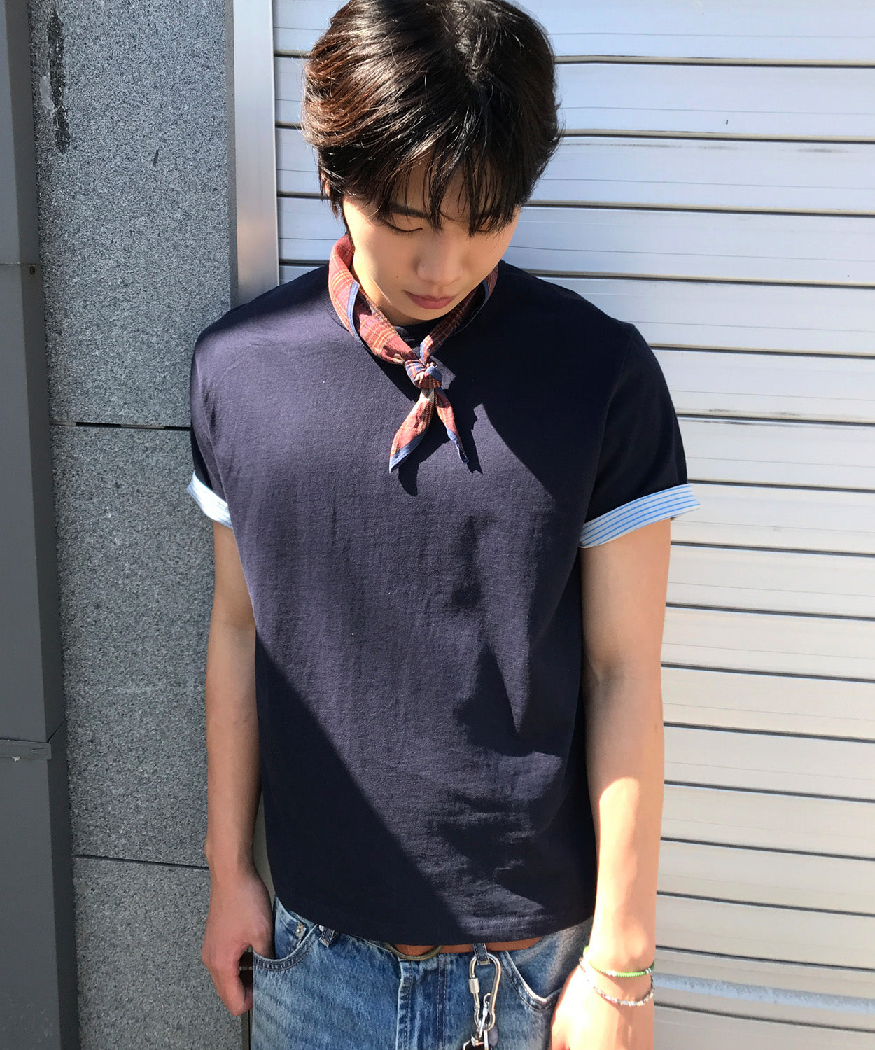 Stripe Layered Roll-Up T-Shirt [Navy]