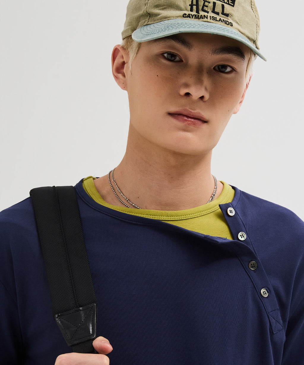 Diagonal Henley Neck Long Sleeve T-Shirt [Navy]