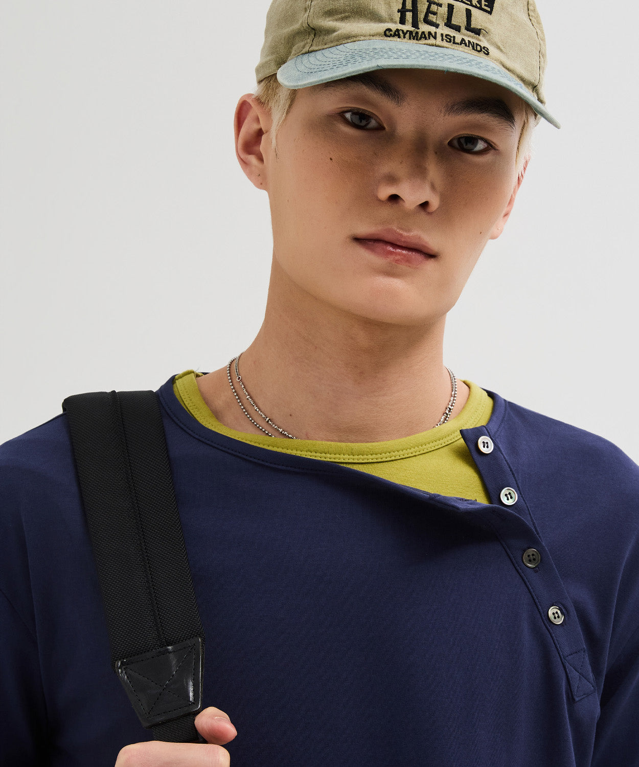 Diagonal Henley Neck Long Sleeve T-Shirt [Navy]