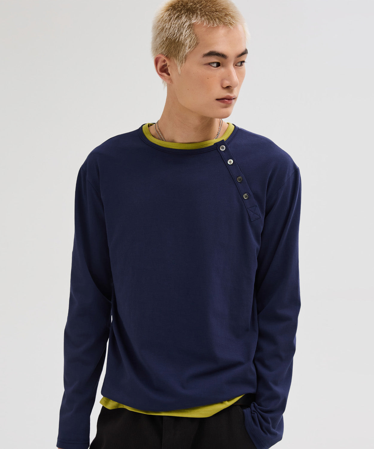Diagonal Henley Neck Long Sleeve T-Shirt [Navy]