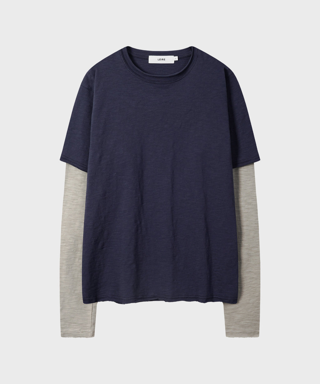 Cut-Off Layered Long Sleeve T-Shirt [Navy]