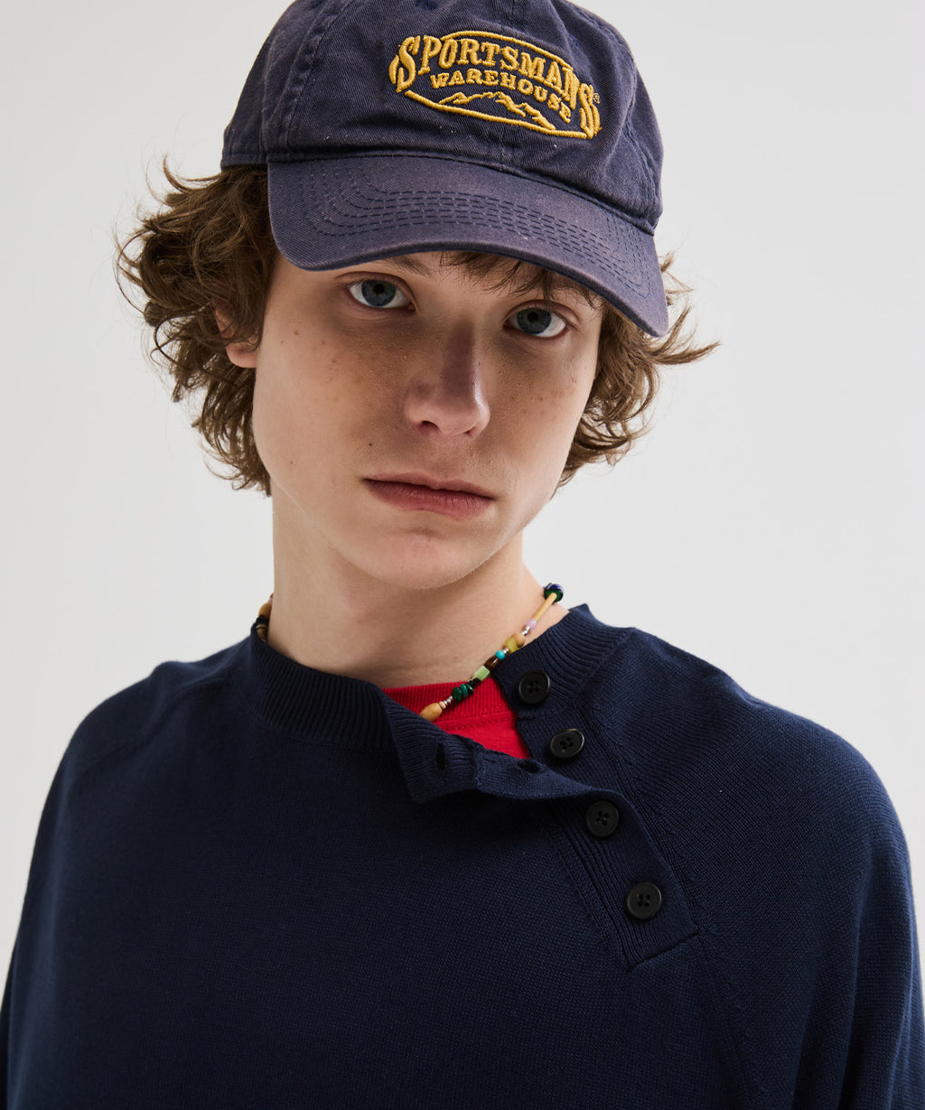 Diagonal Henley Neck Crop Knit [Navy]