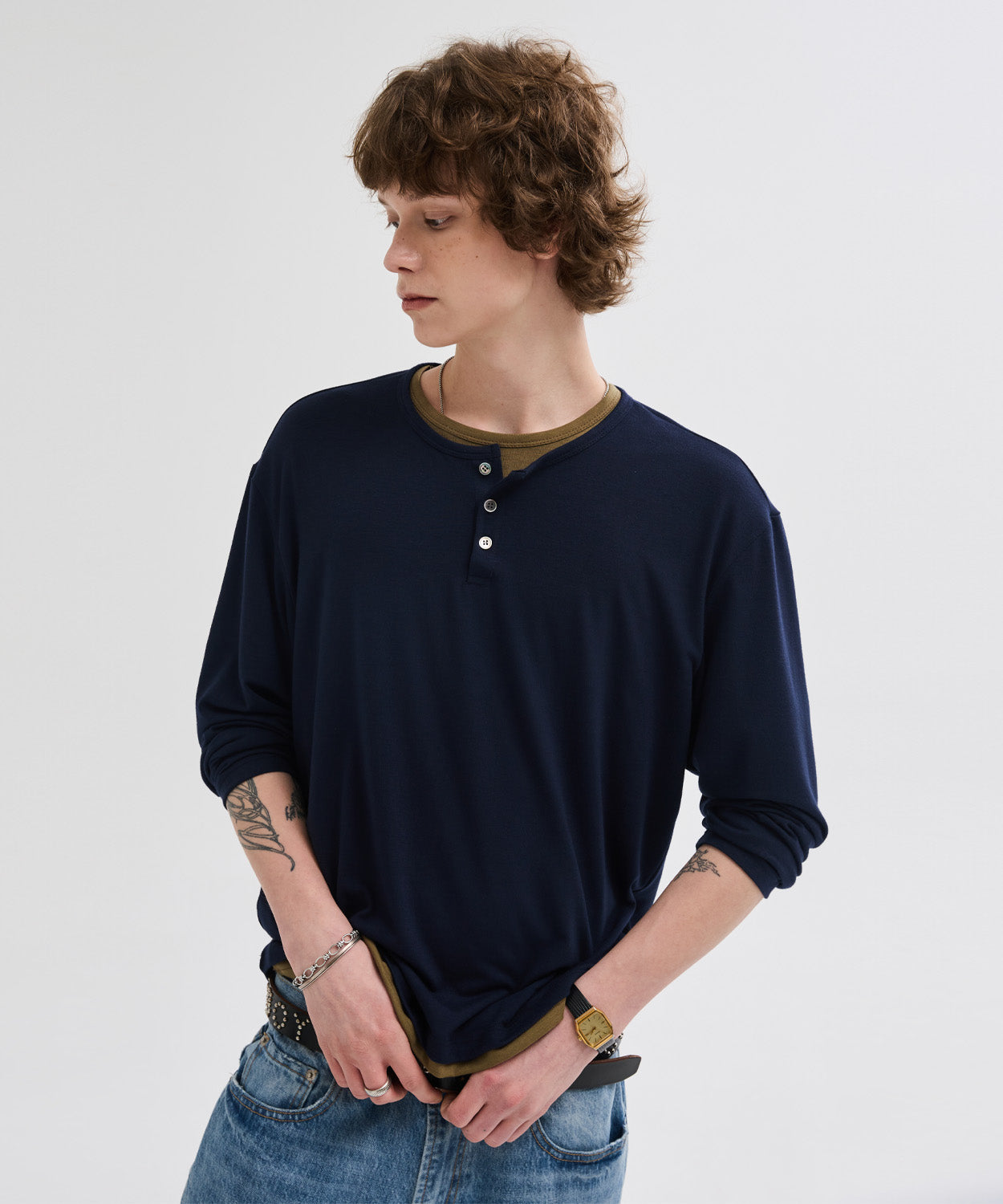 Soft Henley Neck Long Sleeve T-Shirt [Navy]