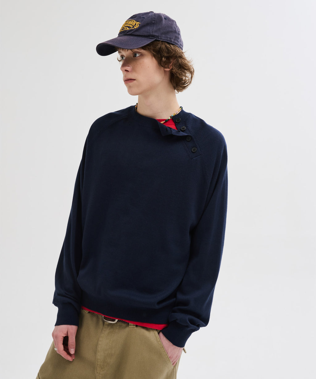 Diagonal Henley Neck Crop Knit [Navy]