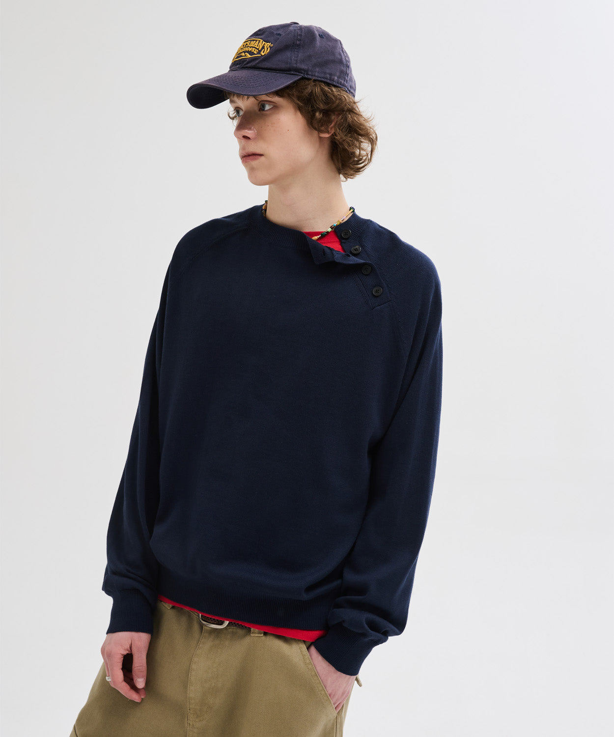Diagonal Henley Neck Crop Knit [Navy]