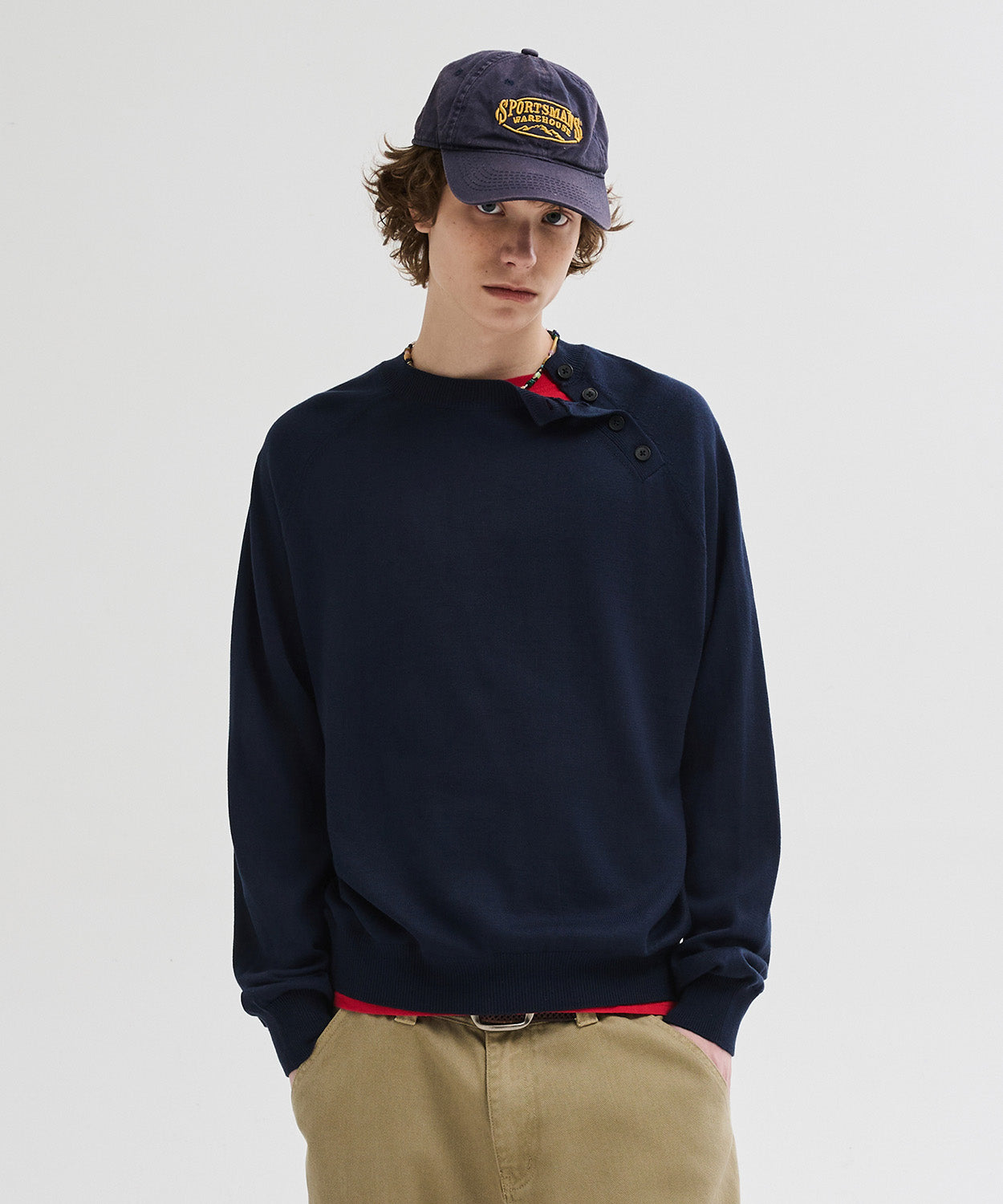 Diagonal Henley Neck Crop Knit [Navy]