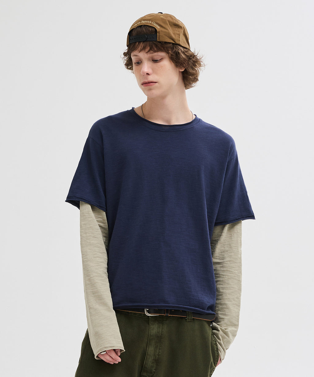 Cut-Off Layered Long Sleeve T-Shirt [Navy]