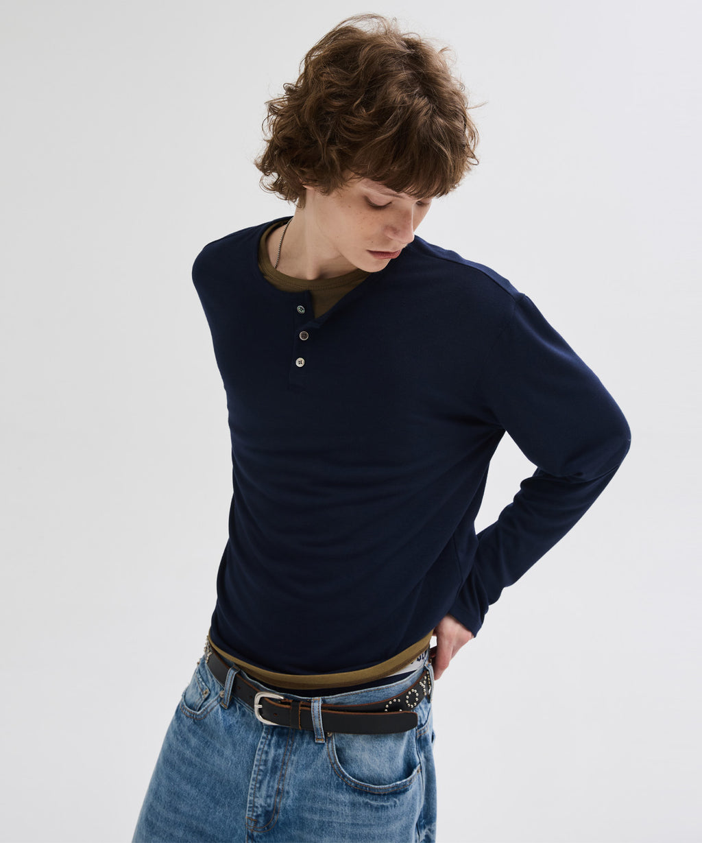 Soft Henley Neck Long Sleeve T-Shirt [Navy]