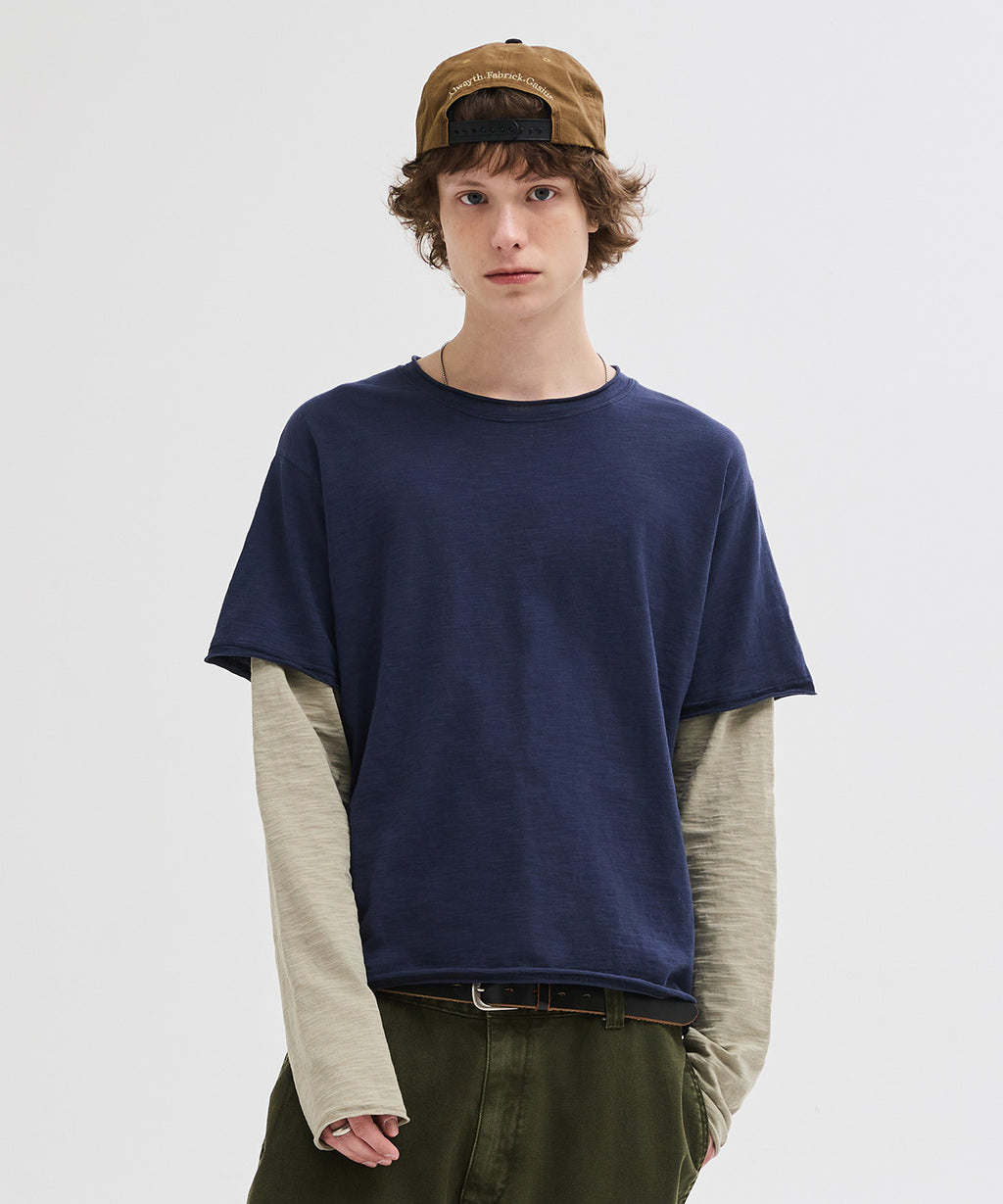 Cut-Off Layered Long Sleeve T-Shirt [Navy]