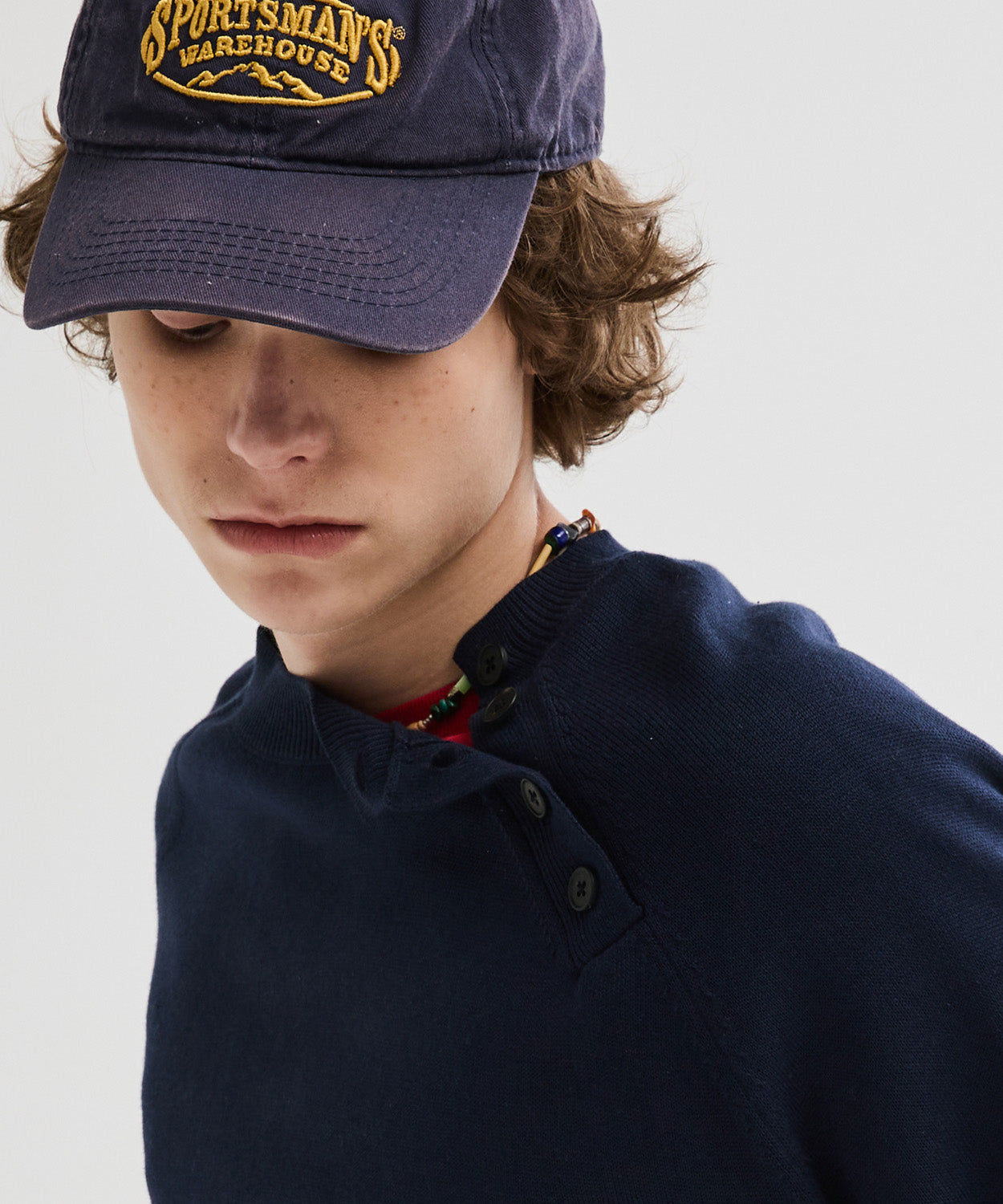Diagonal Henley Neck Crop Knit [Navy]