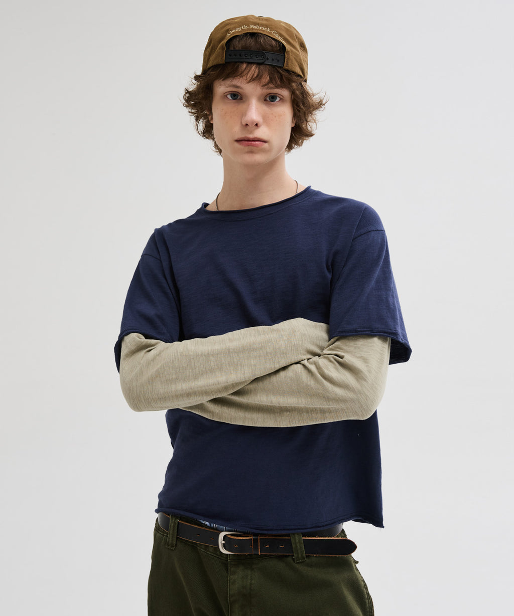 Cut-Off Layered Long Sleeve T-Shirt [Navy]