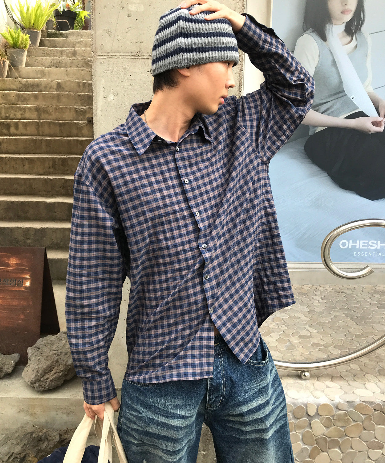 Seersucker Two-Tone Check Shirt [Navy]