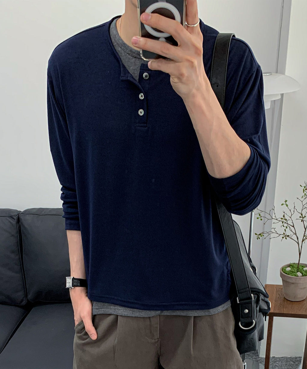 Soft Henley Neck Long Sleeve T-Shirt [Navy]