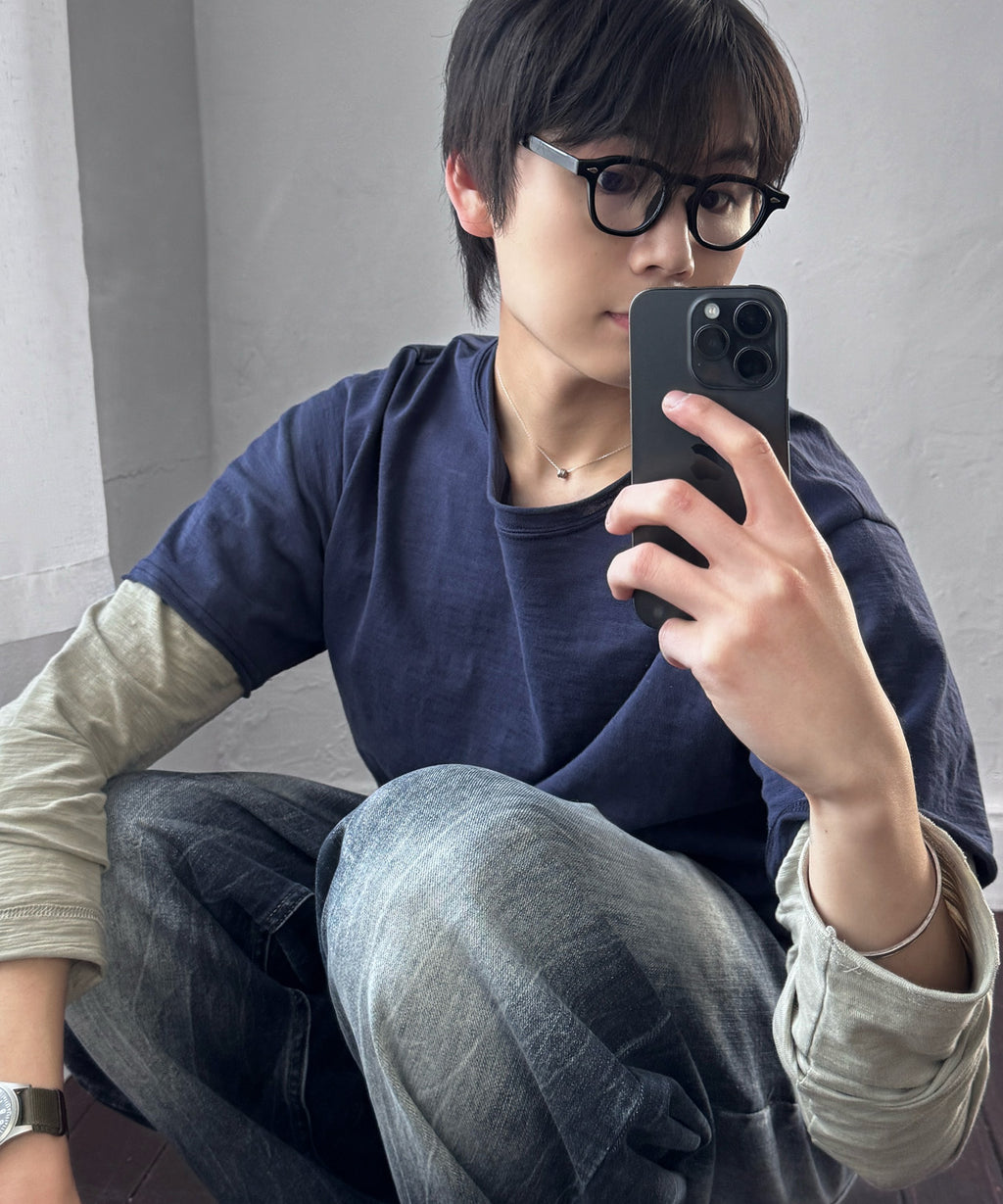 Cut-Off Layered Long Sleeve T-Shirt [Navy]