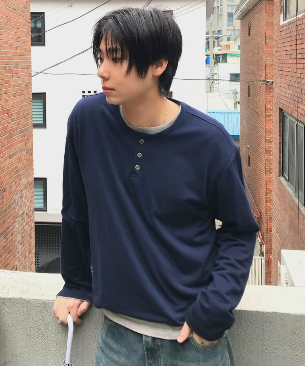 Soft Henley Neck Long Sleeve T-Shirt [Navy]