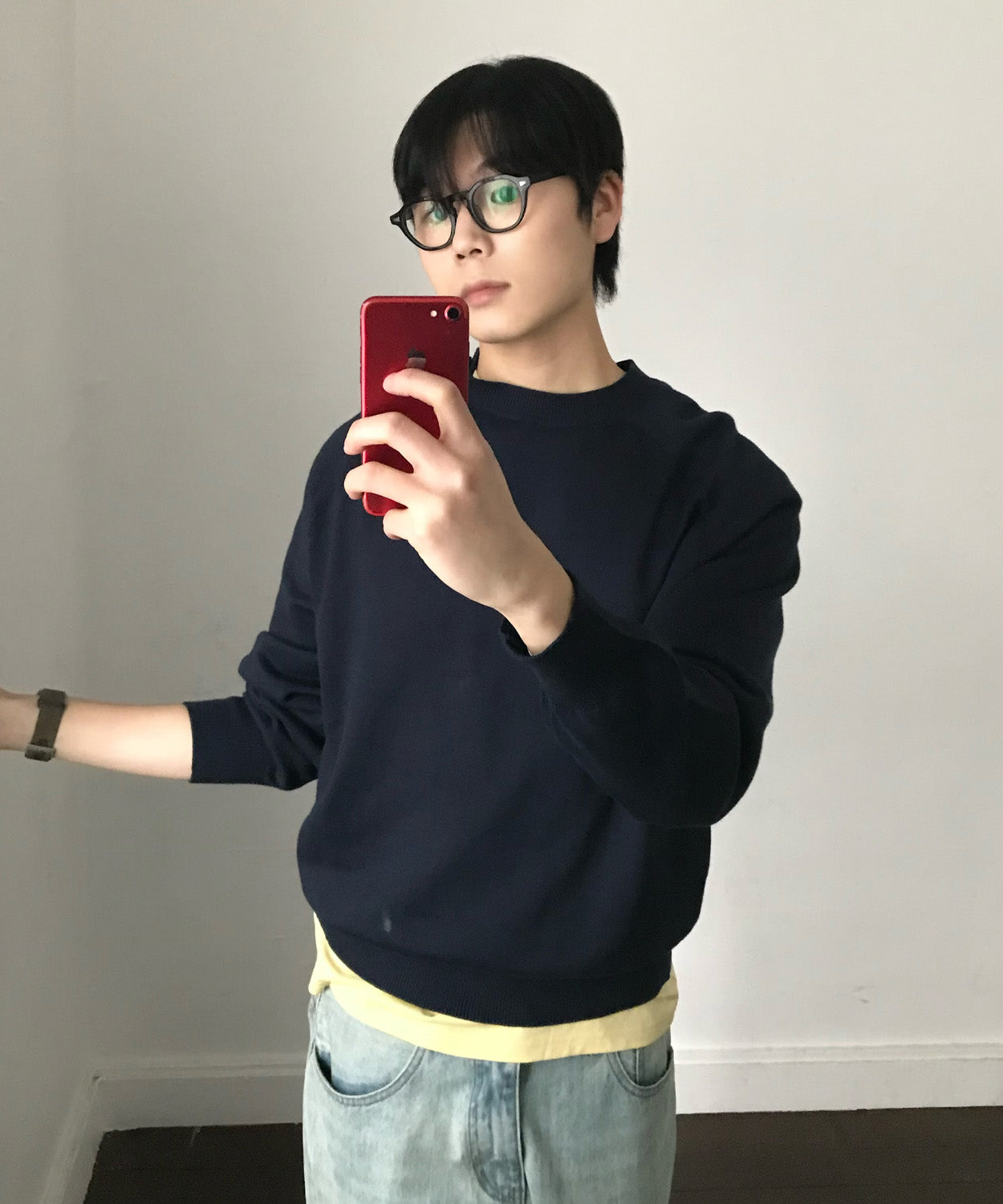 Diagonal Henley Neck Crop Knit [Navy]