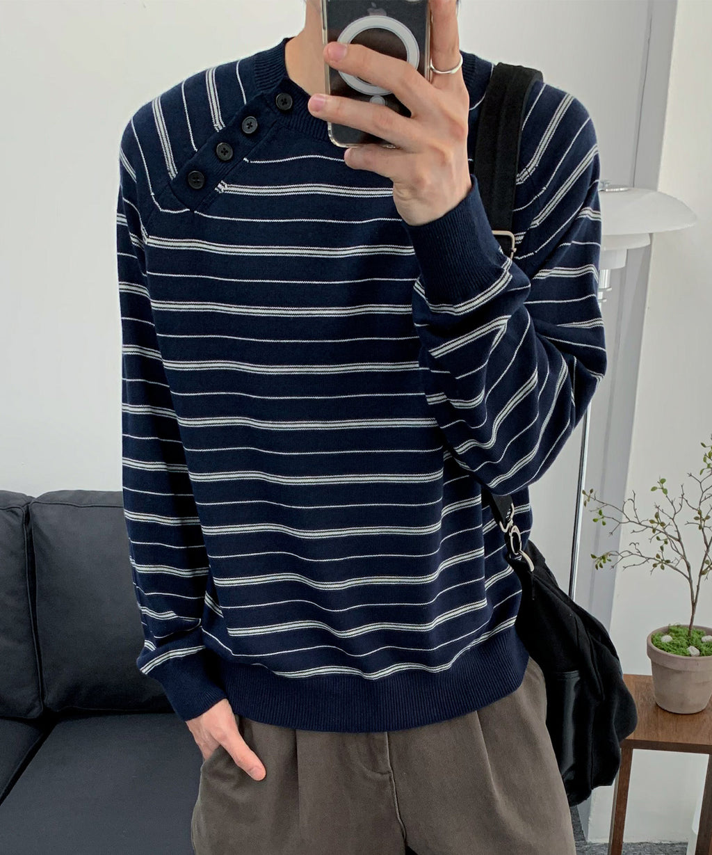 Diagonal Henley Neck Crop Knit [Navy ST]