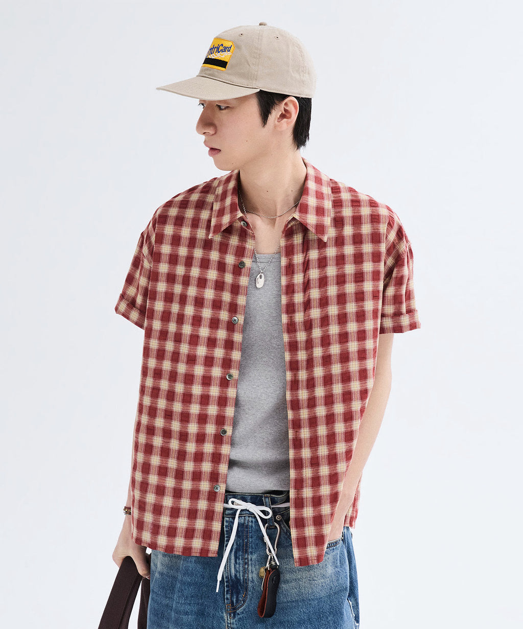 Crinkle Vintage Check Short Sleeve Shirt [Red]