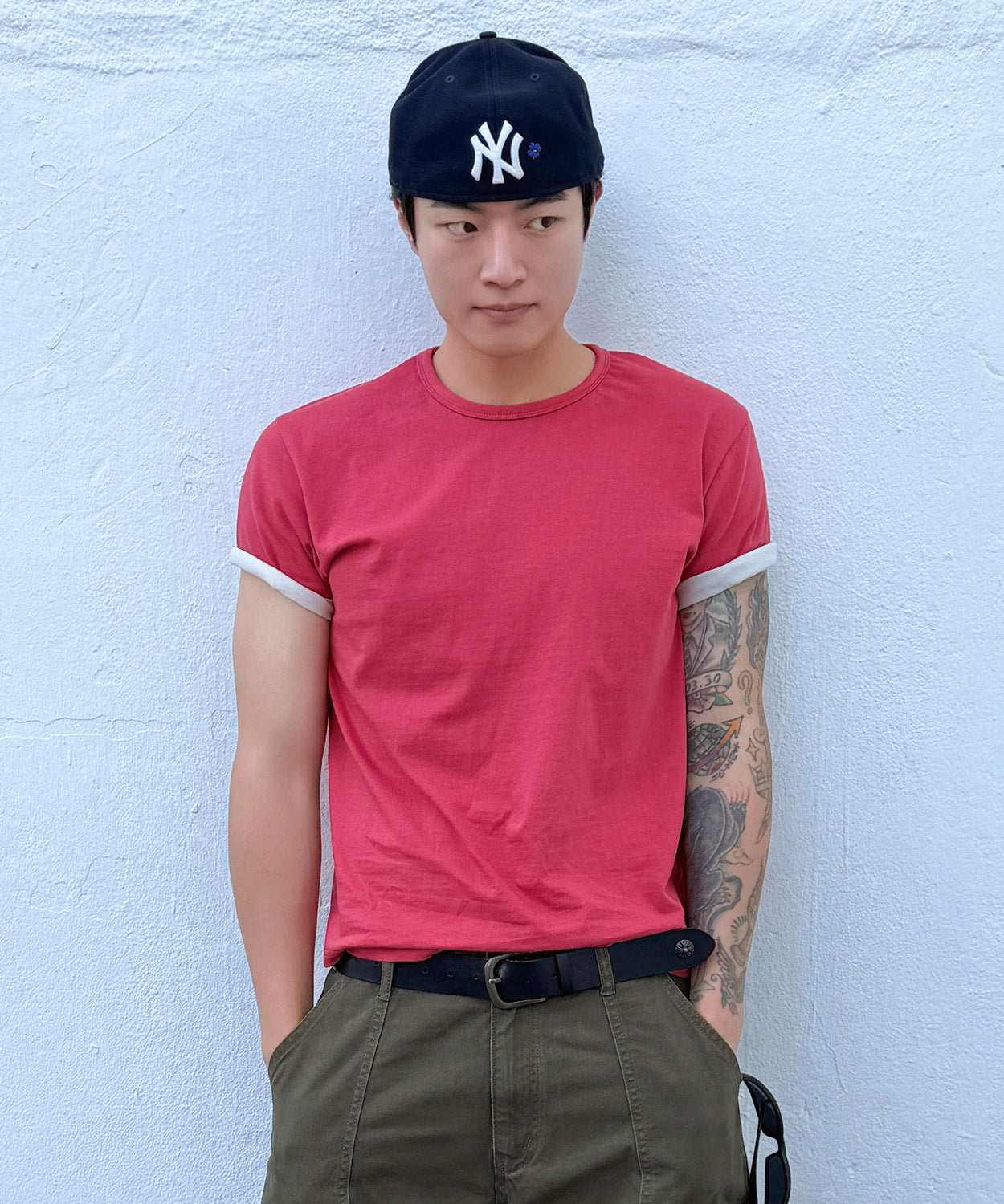 Color Layered Roll-Up T-Shirt [Red]