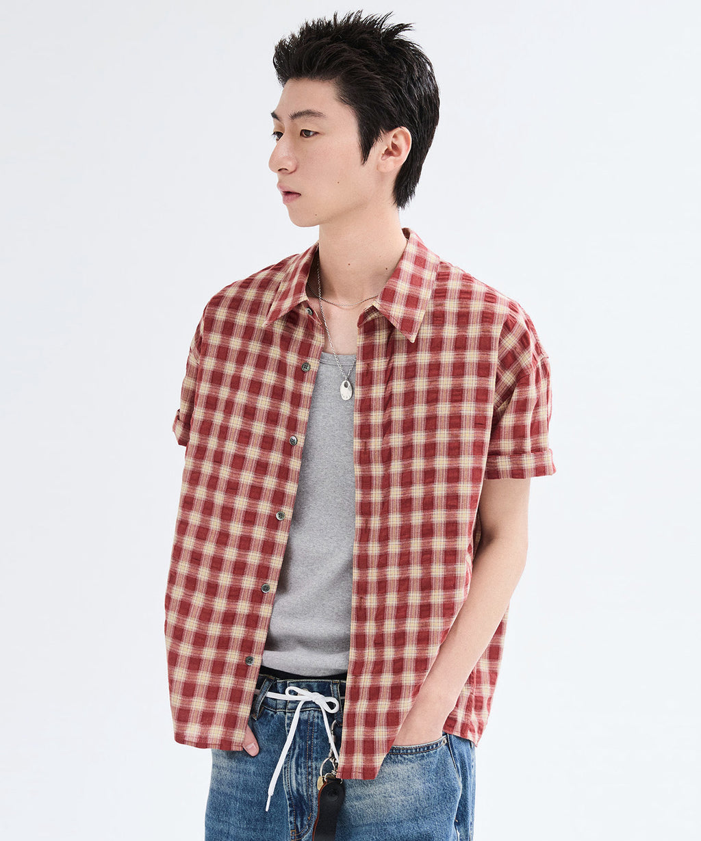 Crinkle Vintage Check Short Sleeve Shirt [Red]