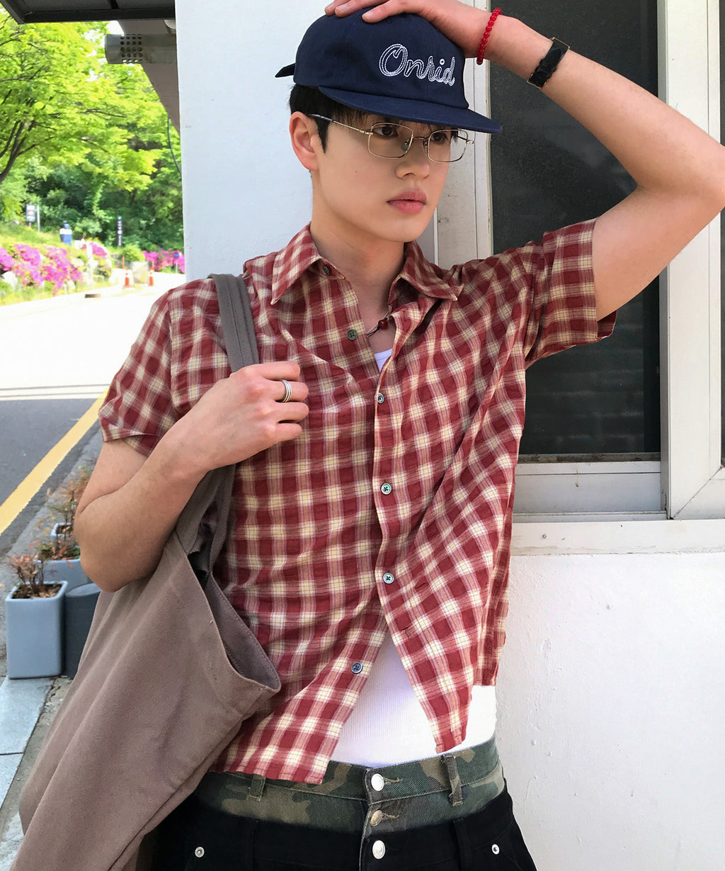 Crinkle Vintage Check Short Sleeve Shirt [Red]